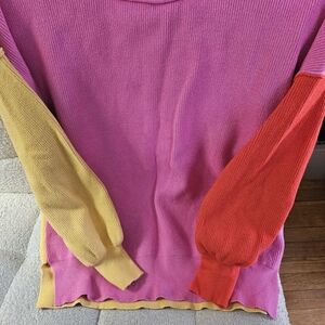 Colorblock Sweater with Pink, Yellow, and Red Sleeves